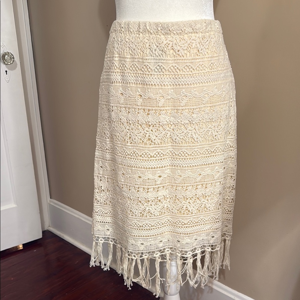 Chico's Cream Lace Lined Midi Skirt with Fringe